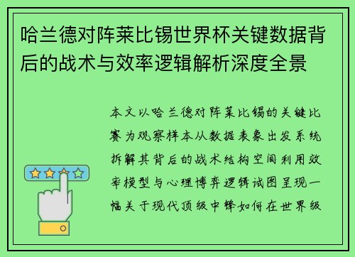 哈兰德对阵莱比锡世界杯关键数据背后的战术与效率逻辑解析深度全景