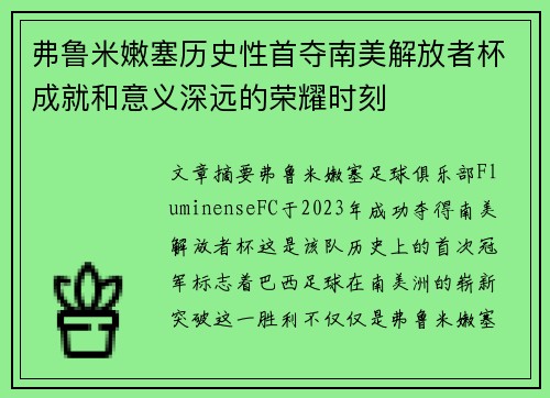 弗鲁米嫩塞历史性首夺南美解放者杯成就和意义深远的荣耀时刻